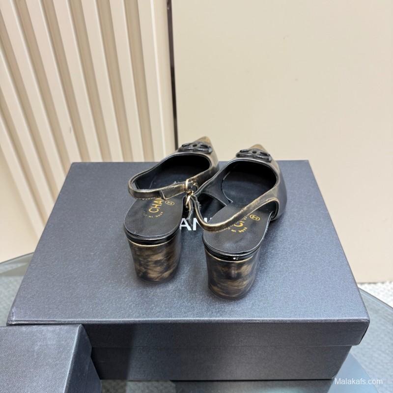 2025 Women Chanel Gold Black Leather Slingback Heel