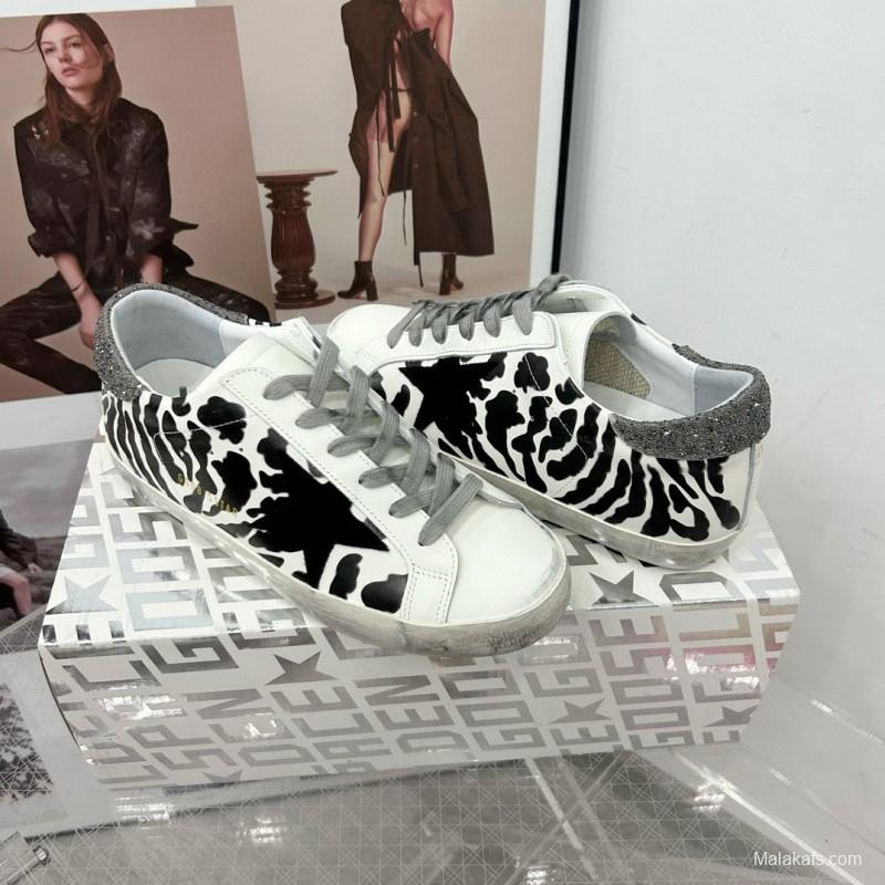 2025 Women GGDB Black White Leather Cow Print Sneakers