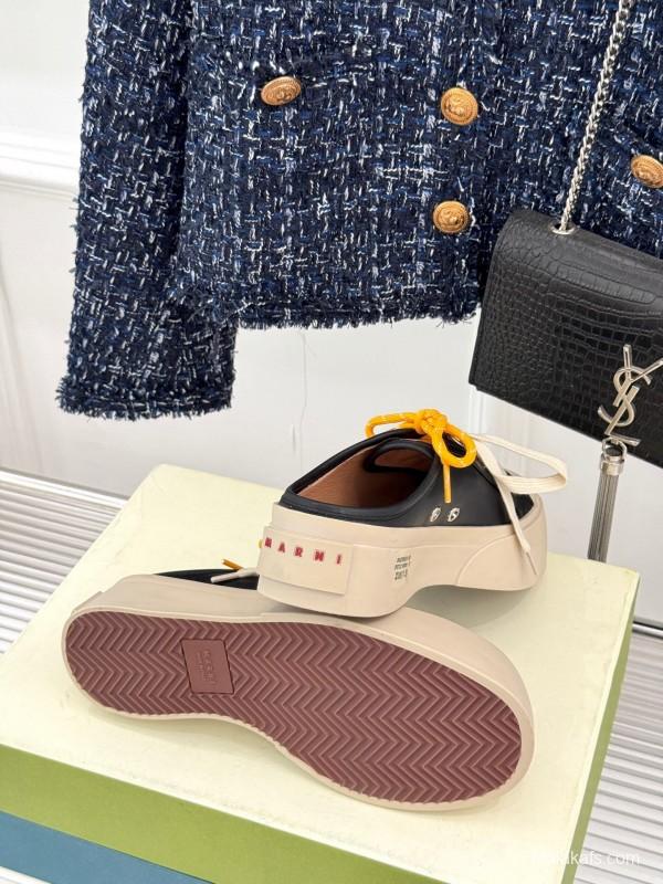 2025 Women YSL Saint Laurent Black White Leather Platform Sneakers Yellow Lace LY00360(F)