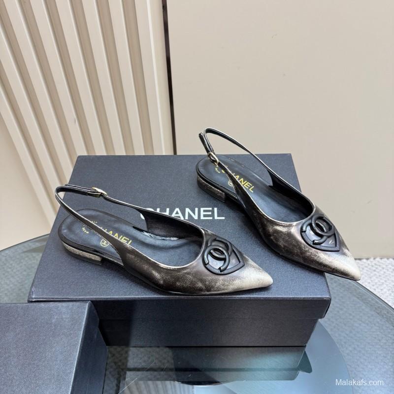 2025 Women Chanel Black Silver Satin Sandals KFY00290