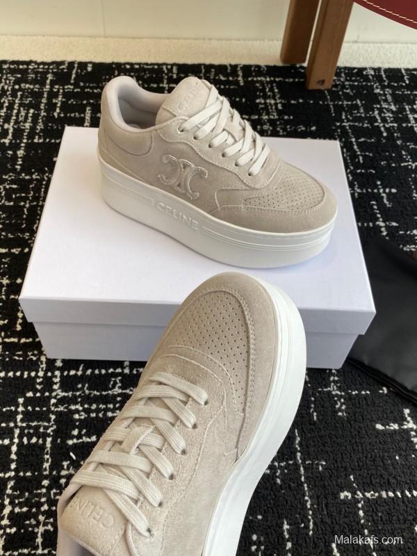 2025 Women Celine Beige Suede Platform Sneakers CELINE Embroidery