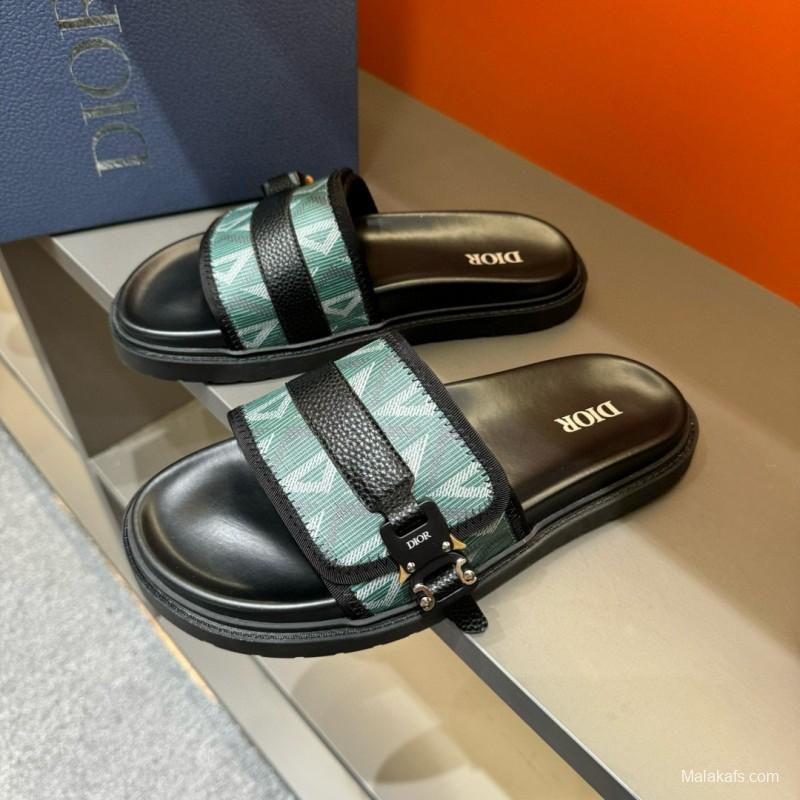 2024 Slippers Dior Green Black Leather Fabric Slippers