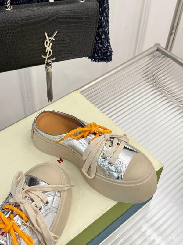 2025 Women Yves Saint Laurent Silver Leather Platform Sneakers With Orange And Beige Laces YSL123(F)