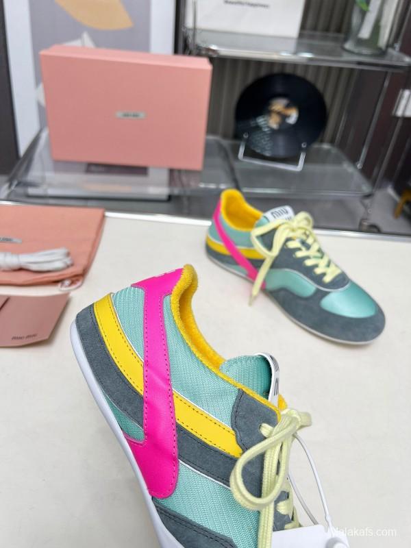 2025 Women Miu Miu Blue Grey Pink Yellow Suede Mesh Sneakers G027