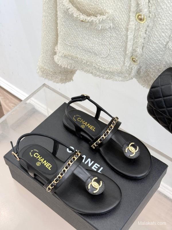 2025 Women Chanel Black Leather Sandals KFY00250