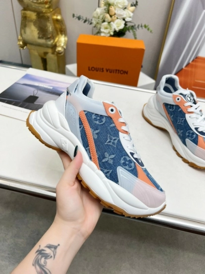 2025 Unisex Louis Vuitton Blue Orange White Leather Mesh Rubber Sneakers Monogram LY00340