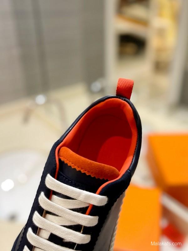 2024 Unisex Hermès Navy Red White Imported Glazed Calf Suede Rain Velvet Sneakers MJ00320