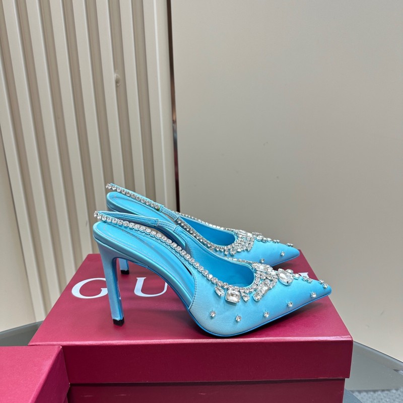 2025 Women Gucci Blue Silk Crystal Embellished Slingback High Heel KFY00340