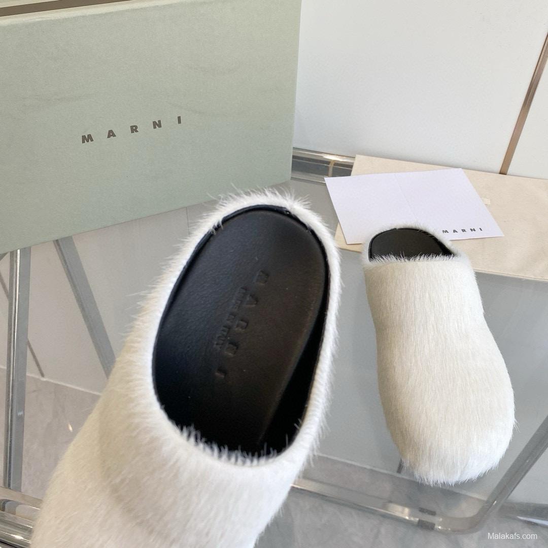 2024 Women Marni White Pony Hair Leather Mules MJ00320
