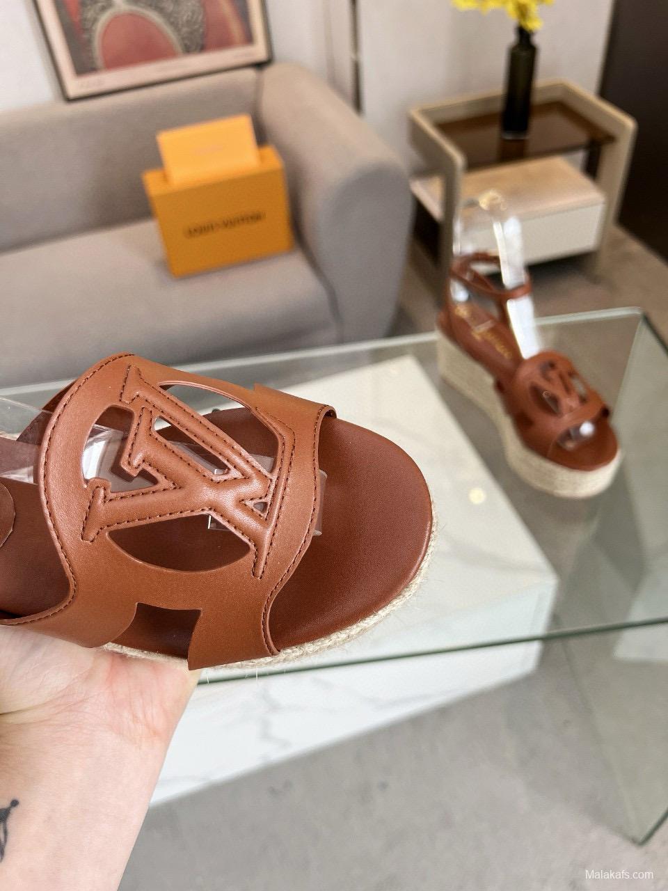 2025 Women Louis Vuitton Brown Leather Espadrille Wedge Sandals MJ00280