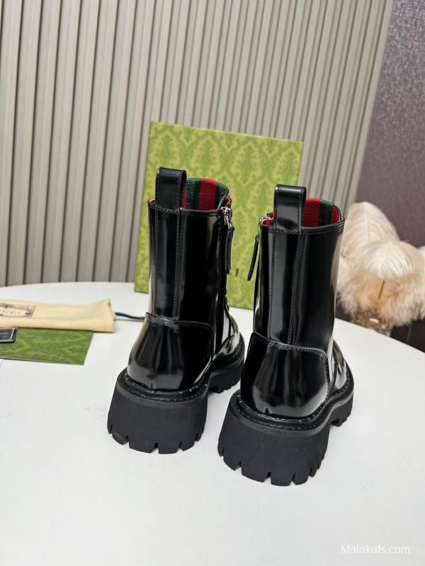 2024 Women Gucci Black Red Leather Ankle Boots MJ00340