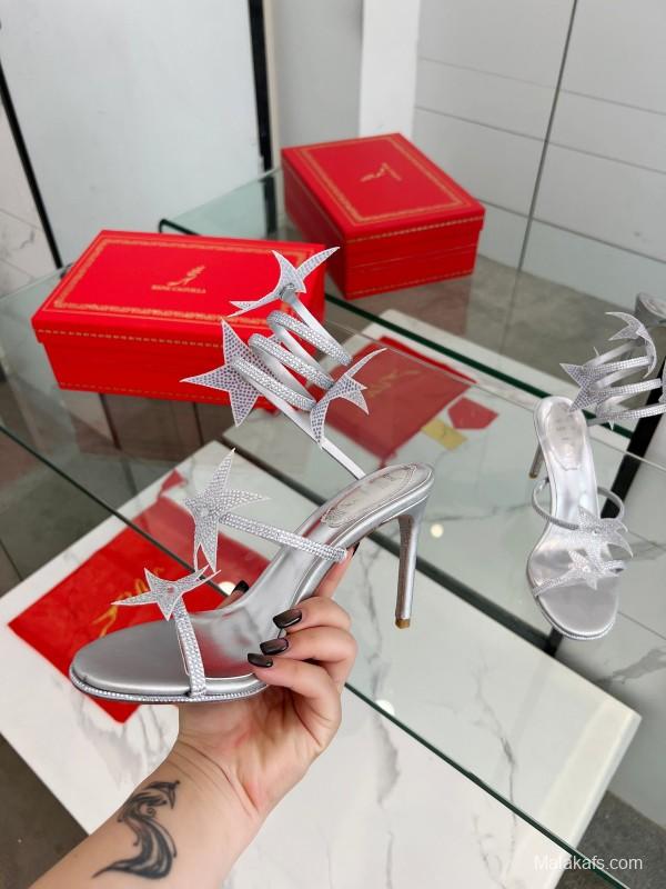 2025 Women RC Silver Crystal Leather High Heels Spiral Strap LY00340