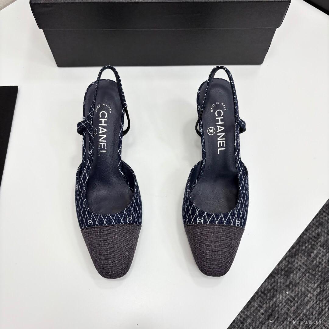 2025 Women Chanel Blue Grey Denim Leather Slingback LY00240