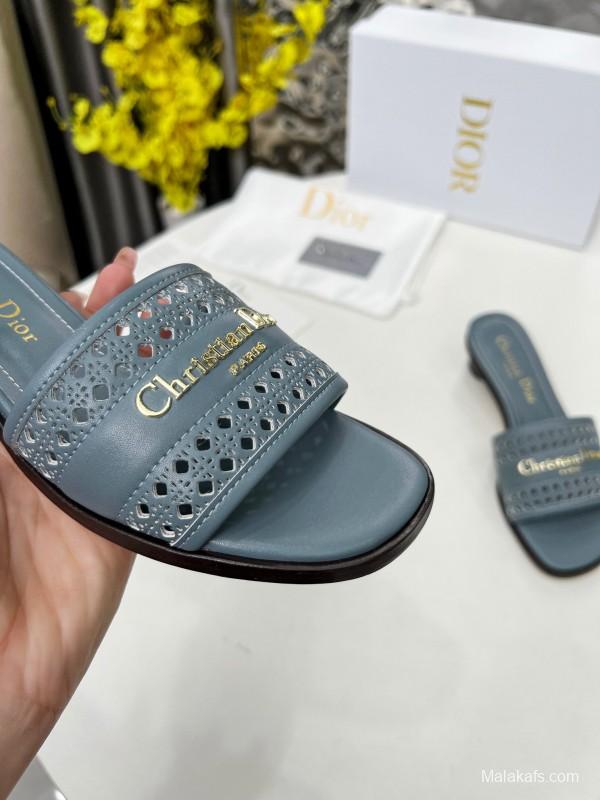 2025 Women Dior Blue Leather Slide Sandals LY00210