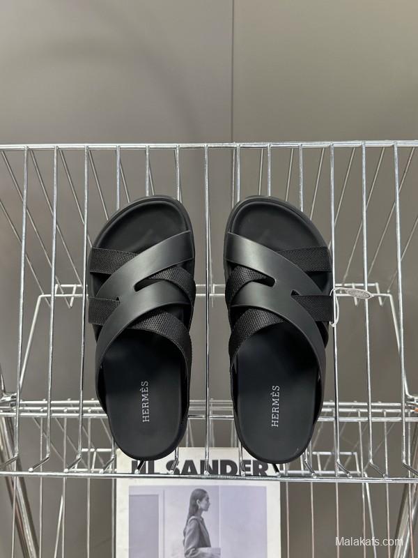 2025 Slippers Hermès Black Leather Slippers