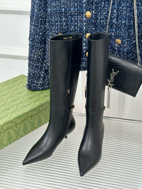 2024 Women YSL Black Leather Boots Chain Detail