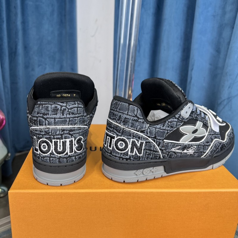 2025 Unisex Louis Vuitton Black Grey Leather Canvas Plimsolls Stitching LV0038