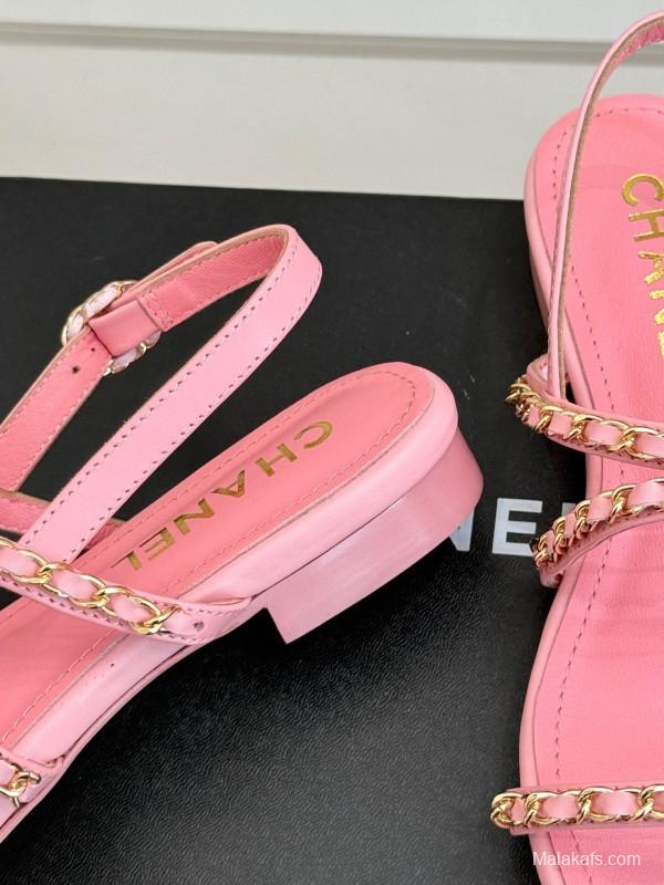 2025 Women Chanel Pink Leather Chain Strap Sandals