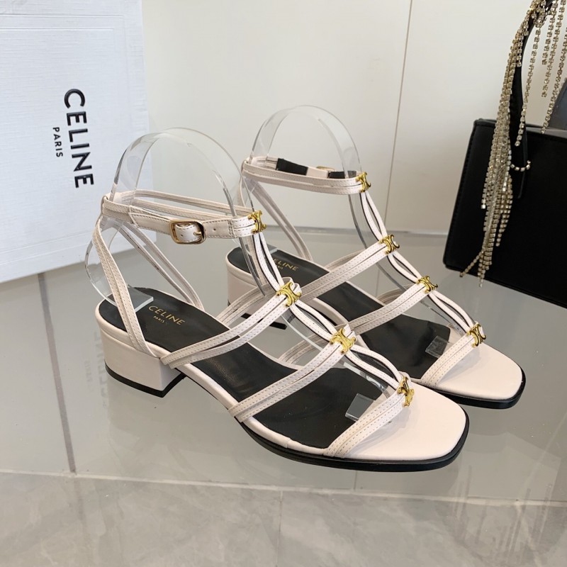 2025 Women CELINE White Leather Sandals Metal Detail KFY00300