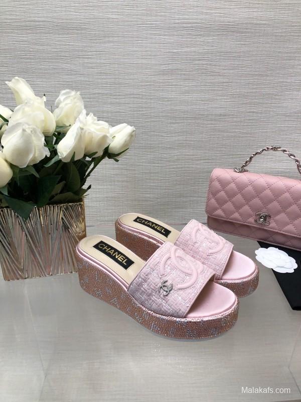 2025 Women Chanel Pink Tweed Platform Slippers LY00320