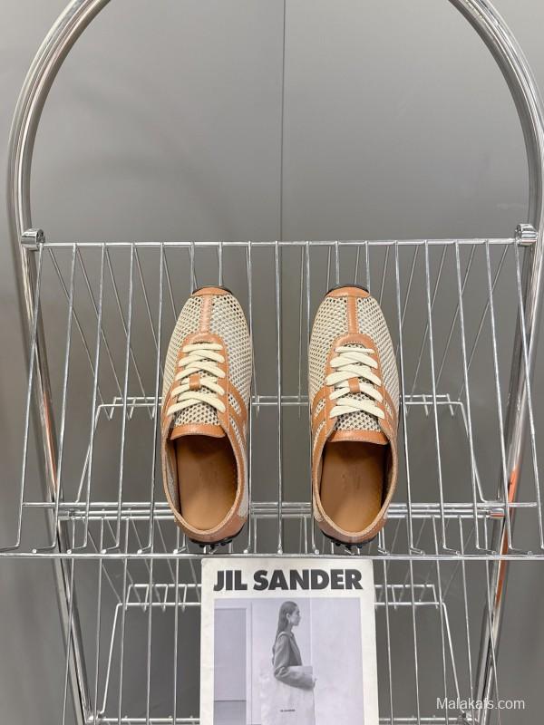2025 Women Hermès Beige Brown Leather Mesh Sneakers KFY00250