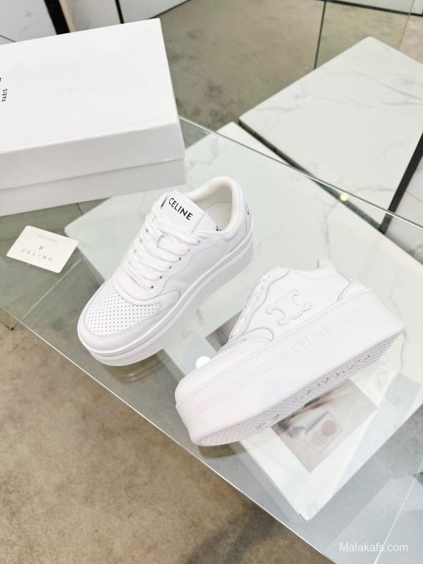 2025 Women Celine White Leather Platform Sneakers Embossed KFY00270