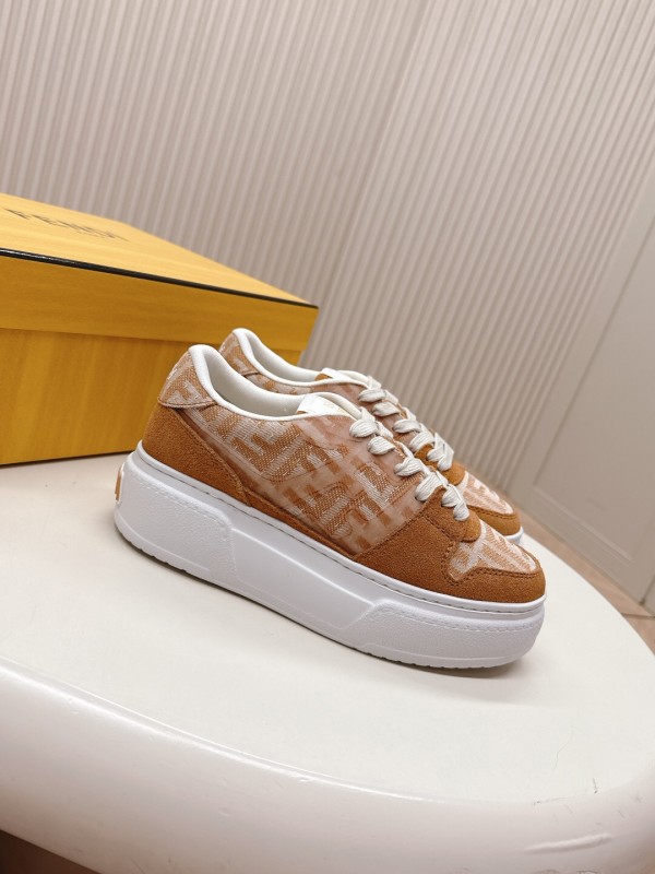 2025 Women Fendi Brown Leather Fabric Sneakers LY00340