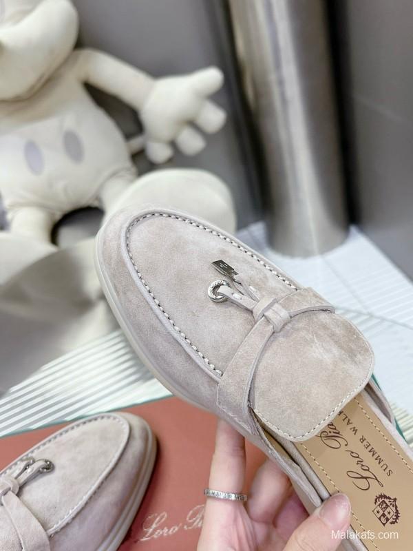 2024 Slippers Loro Piana Light Gray Suede Loafers MJ00270