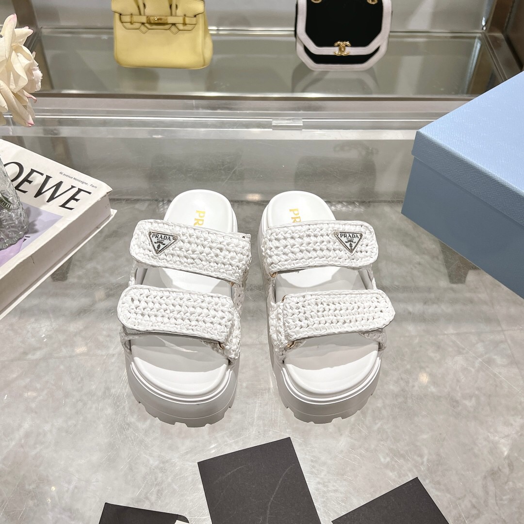 2025 Women Prada White Knit Leather Slippers