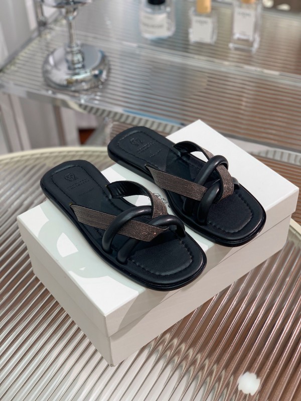 2025 Women Brunello Cucinelli Black Leather Flat Slides With Handwoven Beaded Straps KFY00300 (F)