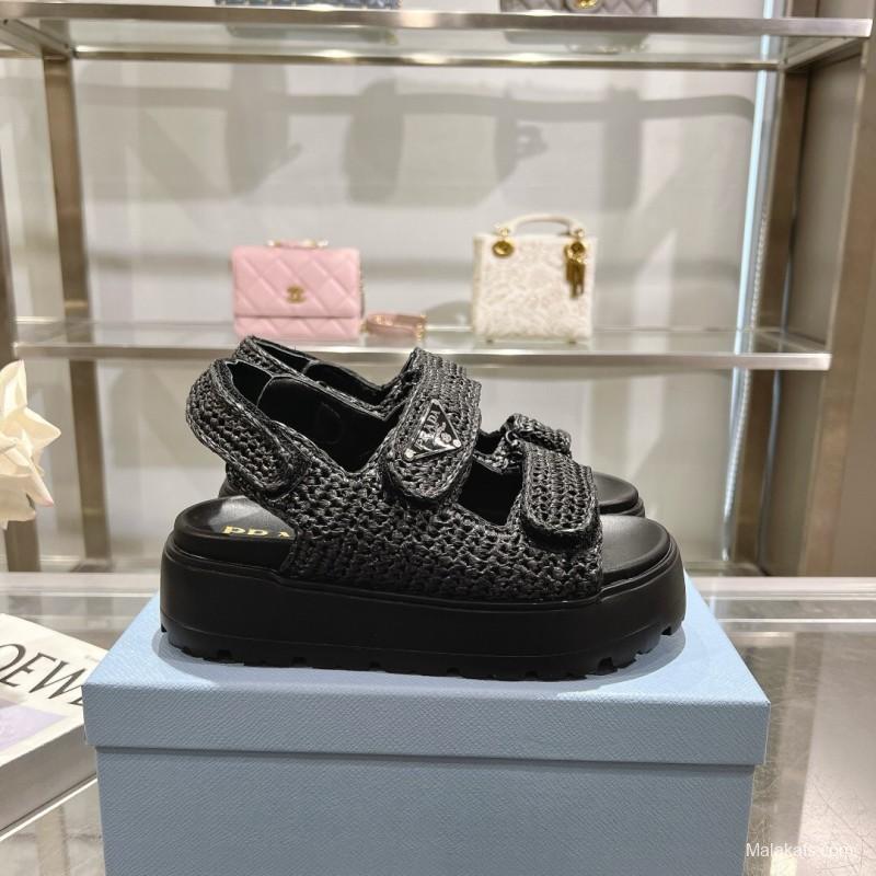 2025 Women Prada Black Woven Leather Sandals LY