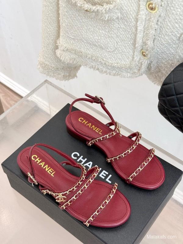 2025 Women Chanel Red Lambskin Chain Strap Sandals