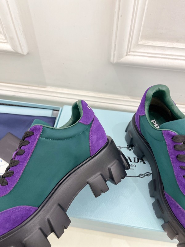 2025 Unisex Prada Purple Green Suede Silk Sneakers KFY00310(F)/KFY00330(M)