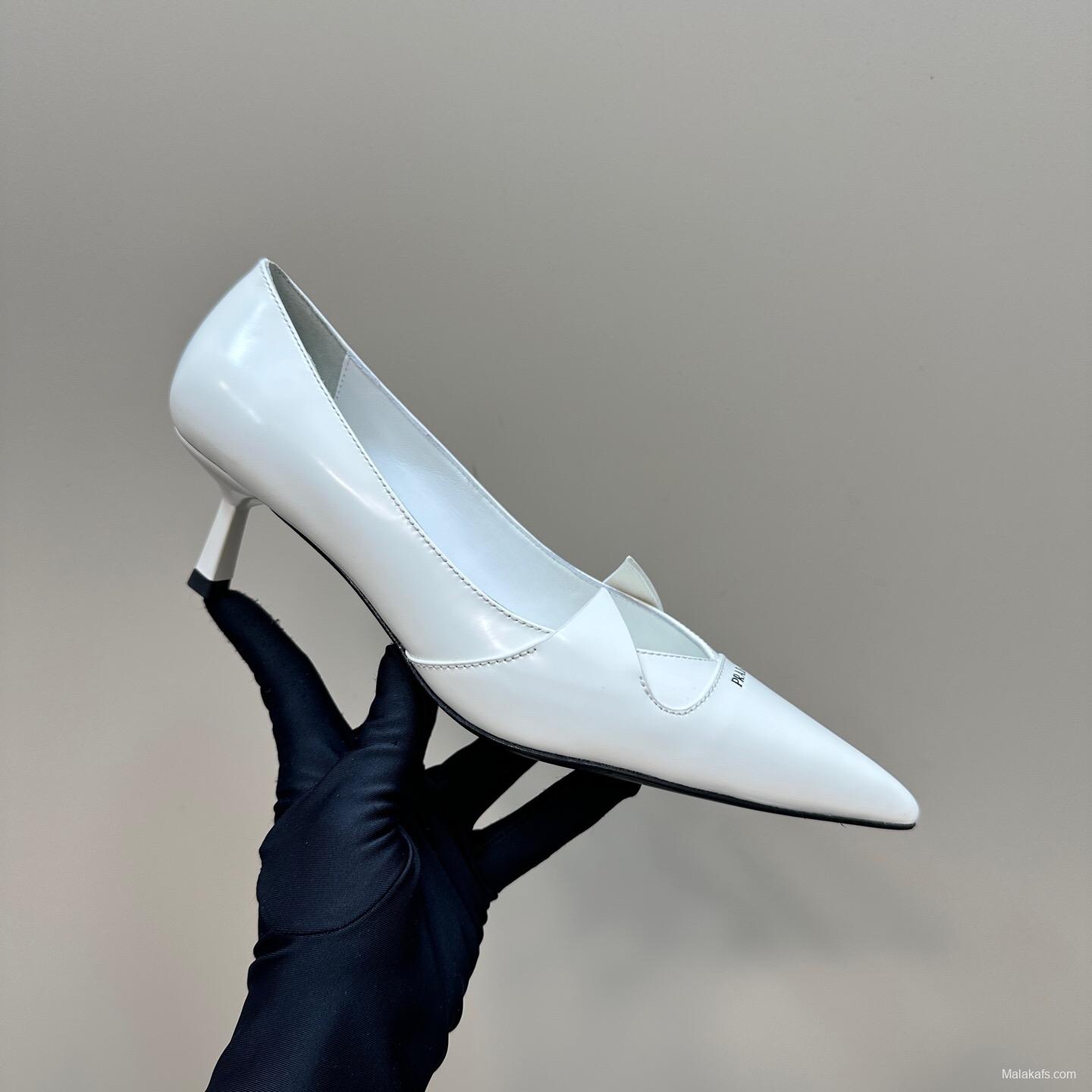2025 Women Prada White Leather Pointed Toe Kitten Heel Pumps KFY00310