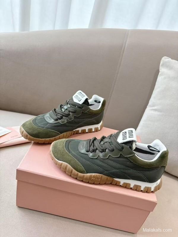 2025 Women Miu Miu Olive Green Suede Leather Sneakers KFY00280