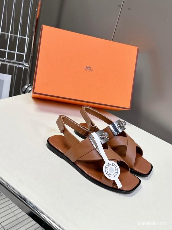2025 Women Hermès Brown White Calfskin Leather Sandals Metal Hardware KFY00300