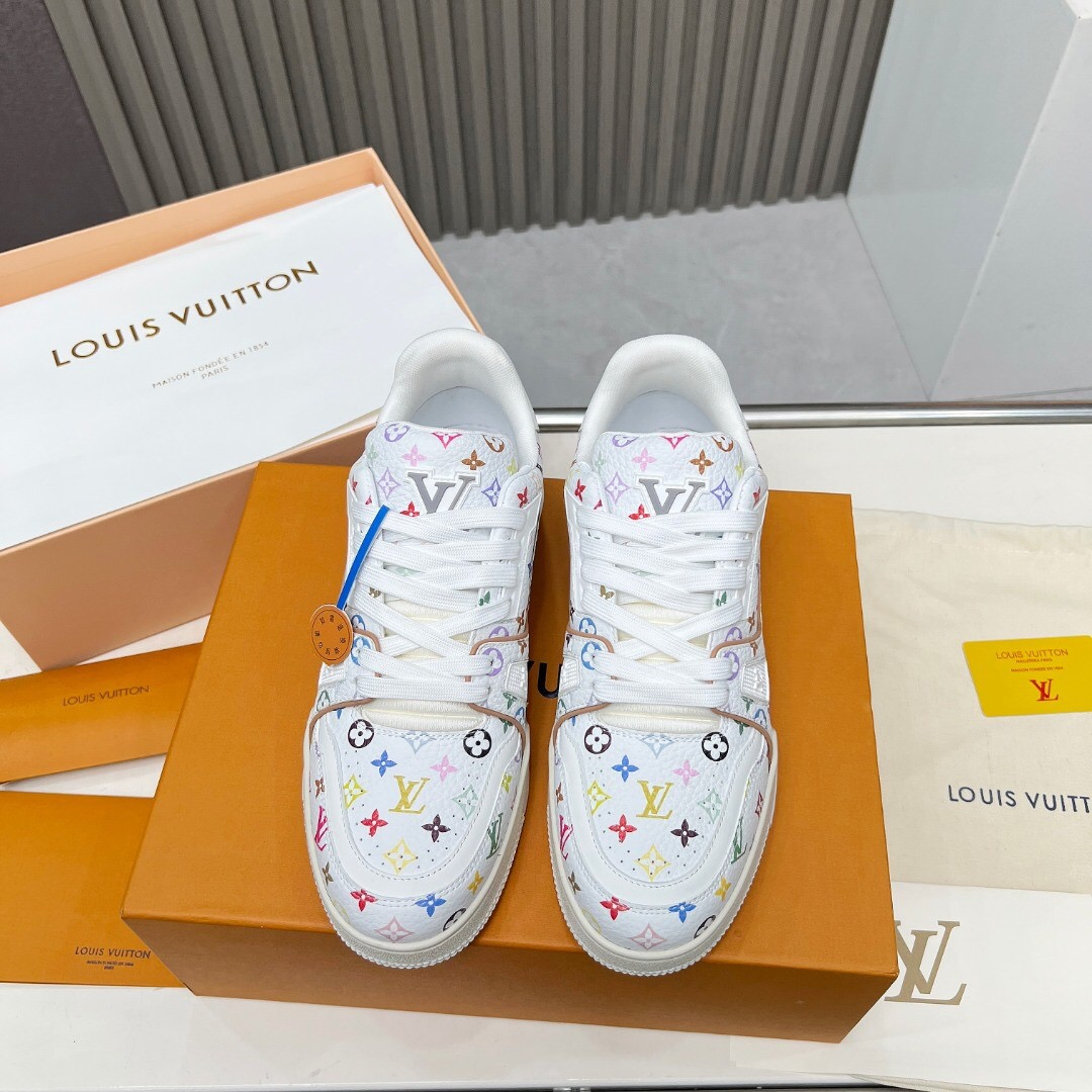 2025 Unisex Louis Vuitton White Multicolor Leather Plimsolls KFY00370