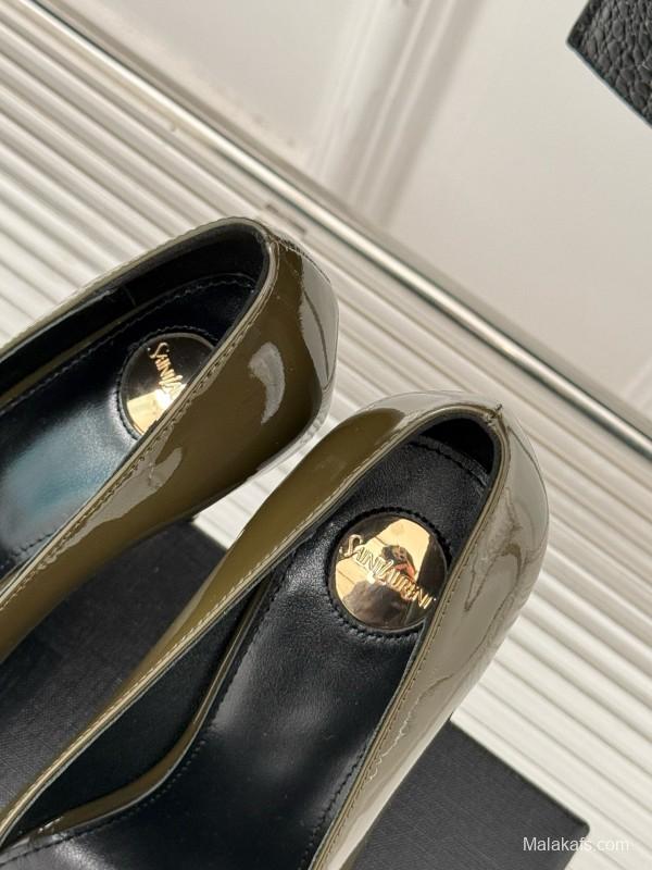 2024 Women Yves Saint Laurent Olive Green Patent Leather High Heel Gemstone MJ00330