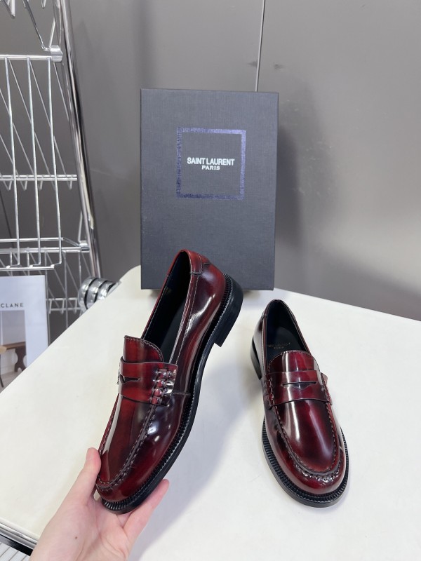 2025 Women Yves Saint Laurent Burgundy Calf Leather Loafers KFY00350