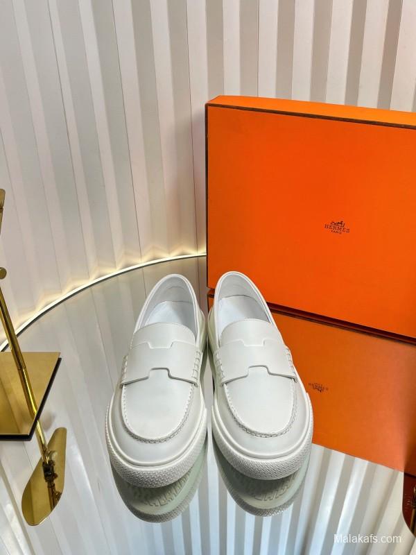 2025 Unisex Hermès White Leather Fabric Loafers LY00310(F)/LY00320(M)