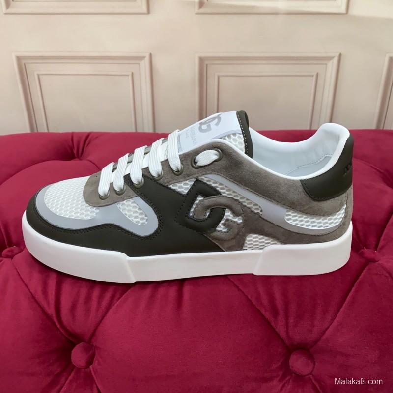 2025 Unisex Dolce & Gabbana White Grey Black Leather Mesh Sneakers