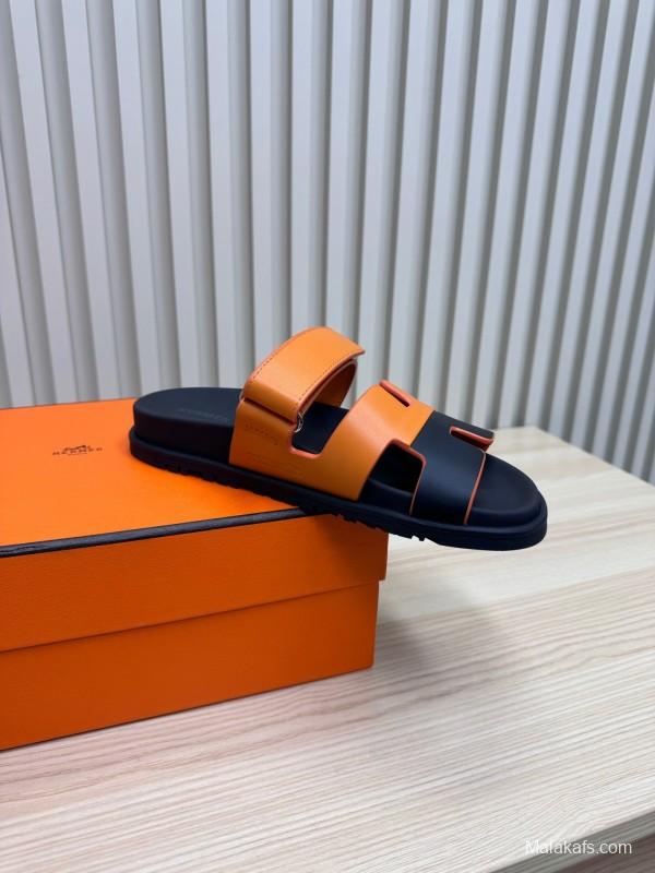 2025 Women Hermès Orange Black Leather Slippers