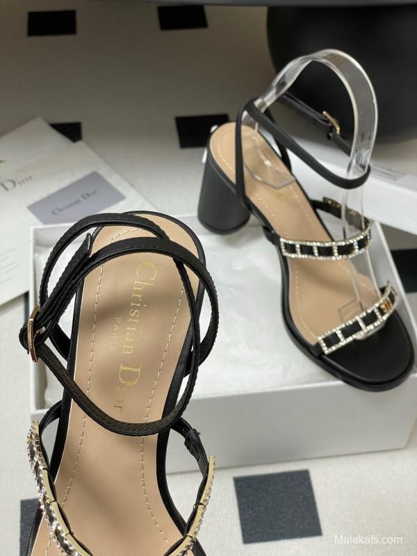 2025 Women Dior Black Leather Crystal Embellished High Heel Sandals