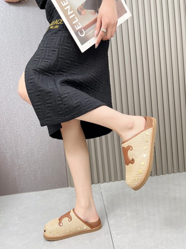 2025 CELINE Beige Leather Raffia Slippers LY00240
