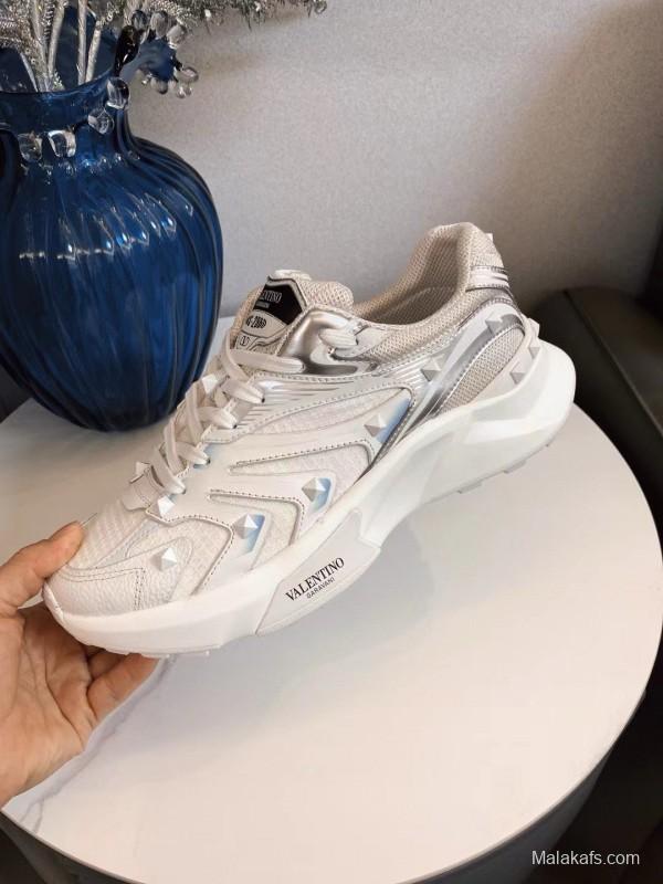2024 Unisex Valentino White Silver Mesh Leather Sneakers MJ00410