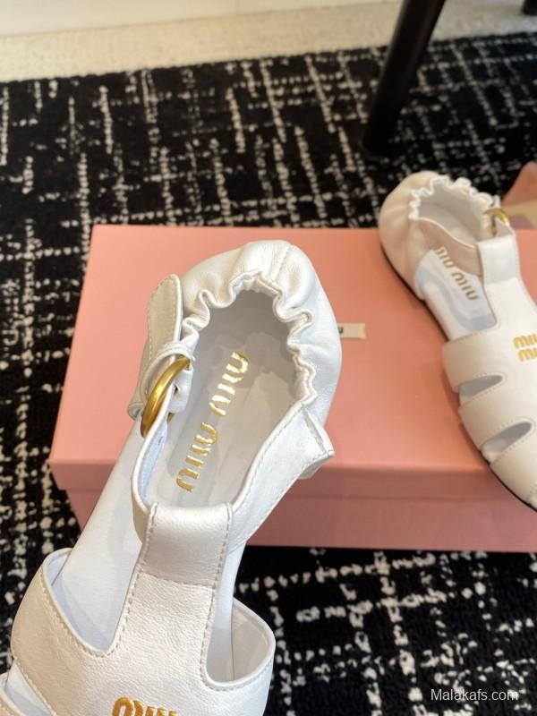 2025 Women Miu Miu White Calf Leather Flat Sandals