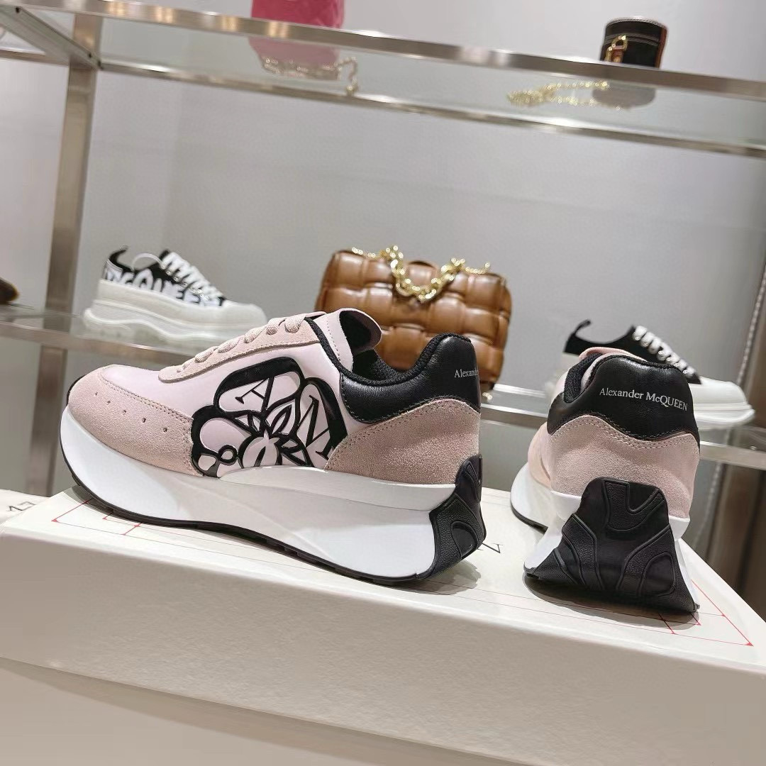 2024 Women Alexander McQueen Pink Black Leather Suede Sneakers MJ00370