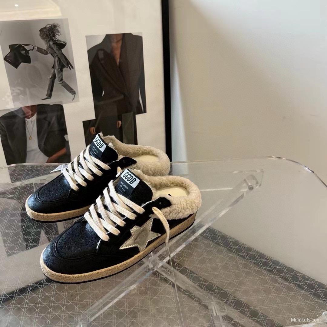 2024 GGDB Black White Leather Shearling Slippers MJ00280