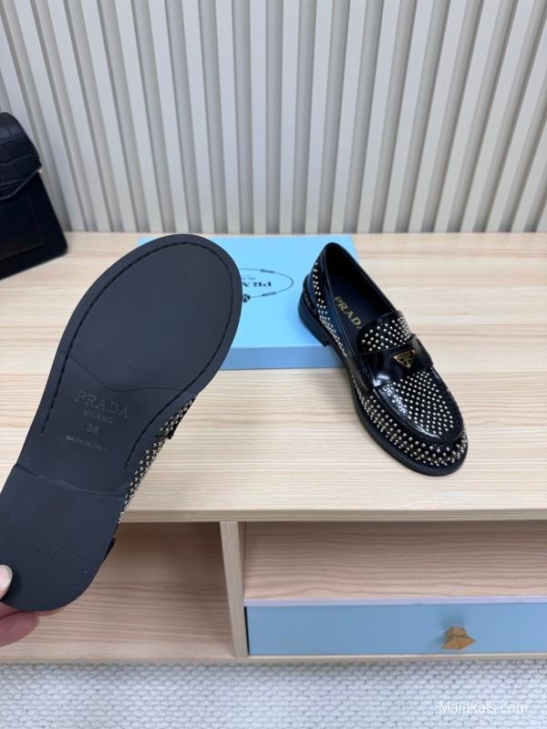 2025 Women Prada Black Leather Loafers Studded LY00340