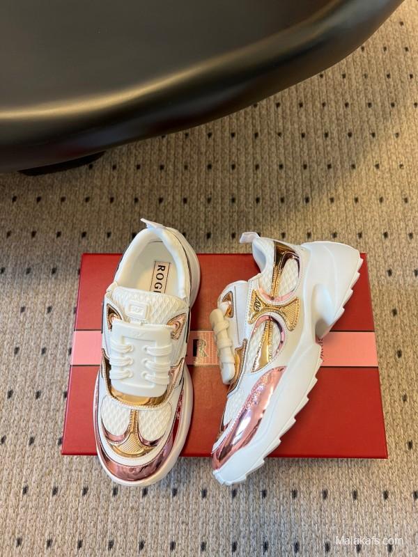 2025 Women Roger Vivier White Pink Leather Mesh Sneakers KFY00380